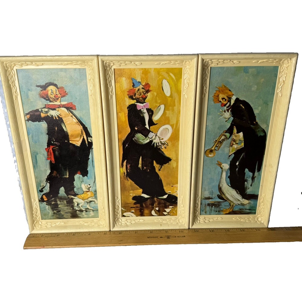 Vtg Rico Tomaso Textured Clown Lithograph Art Prints 60s Framed Paintings Decor